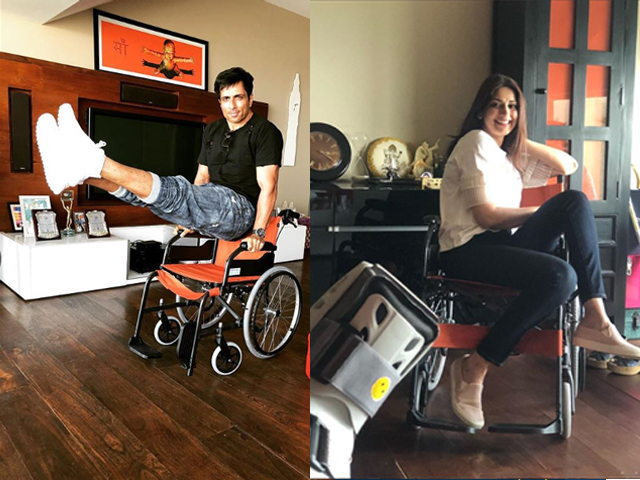 some are shown singing on it some posing on it while one of the actors is shown doing a leg raise on the said wheelchair photo instagram farah khan kunder