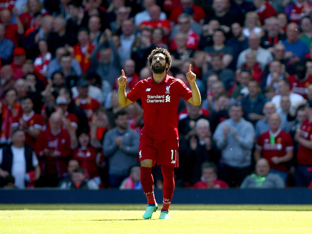 liverpool 039 s mohamed salah celebrates scoring his side 039 s first goal of the game during the premier league match at anfield liverpool photo getty