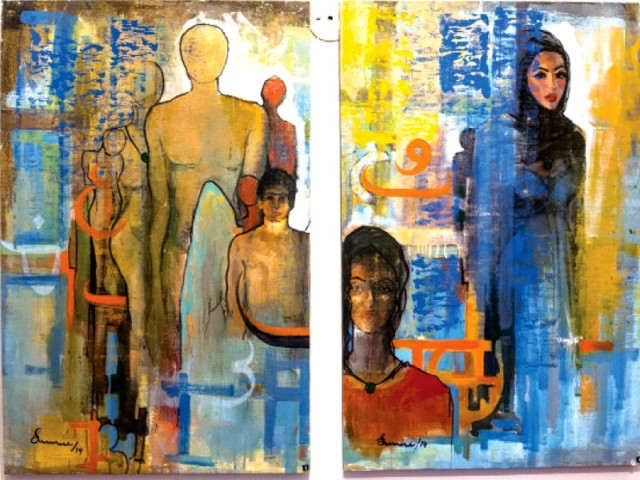 two paintings depict women struggle top poet painter aliya naeem reads from ismat chughtai s auratain while khalida baabri and nageen hyat looks on photo myra iqbal express two paintings depict women struggle top poet painter aliya naeem reads from ismat chughtai s auratain while khalida baabri and nageen hyat looks on photo myra iqbal express