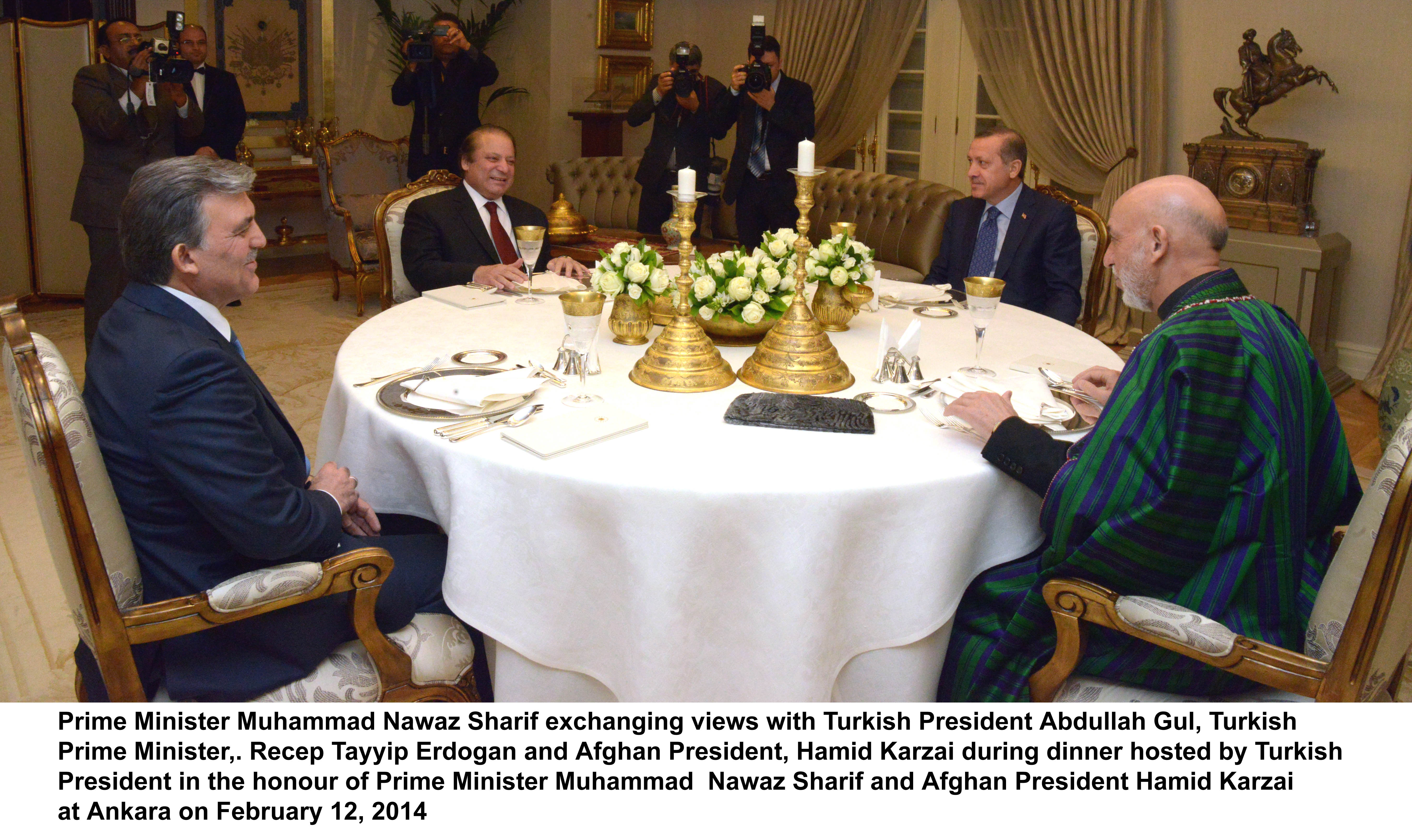 prime minister nawaz sharif turkish prime minister racep tayyip erdogan and afghan president hamid karzai along with turkish president abdullah gul unseen during a dinner in ankara on wednesday photo pid