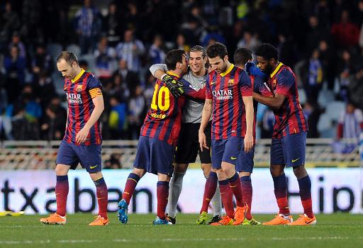 barcelona 039 s players celebrate at the end of the spanish copa del rey king 039 s cup football match real sociedad vs fc barcelona at the anoeta stadium in san sebastian on february 12 2014 photo afp