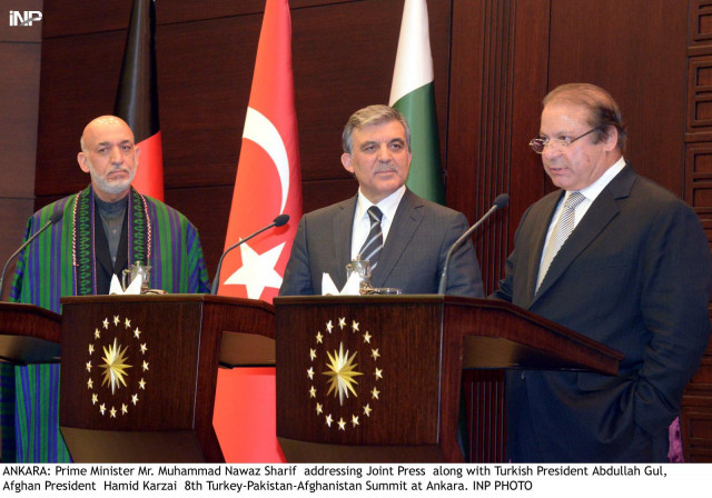 prmie minister nawaz sharif addressing the joint press conference along with turkish president abdullah gul and afghan president hamid karzai after the conclusion of 8th trilateral summit between pakistan turkey afghanistan in ankara on february 13 2014 photo inp prmie minister nawaz sharif addressing the joint press conference along with turkish president abdullah gul and afghan president hamid karzai after the conclusion of 8th trilateral summit between pakistan turkey afghanistan in ankara on february 13 2014 photo inp