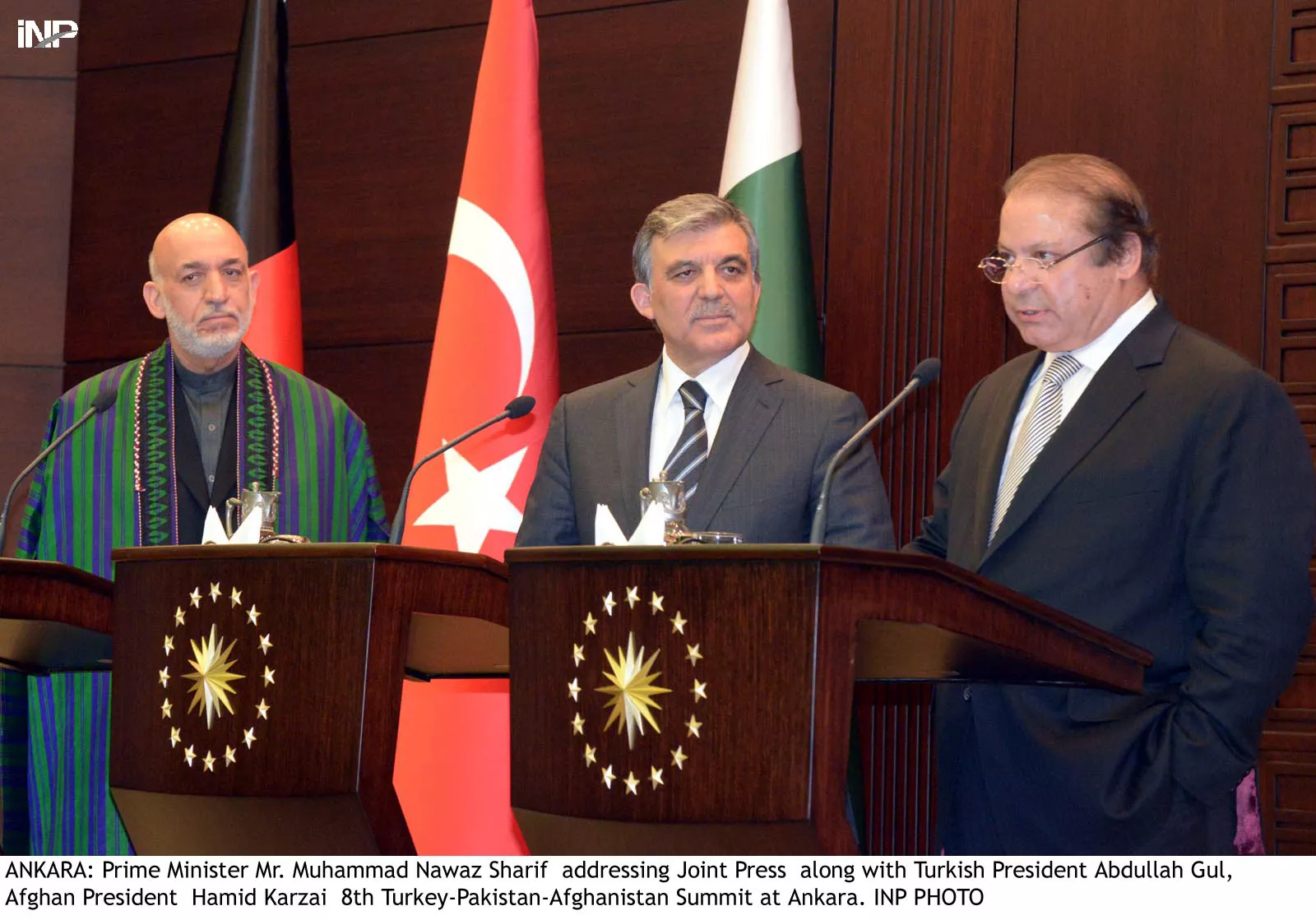 prmie minister nawaz sharif addressing the joint press conference along with turkish president abdullah gul and afghan president hamid karzai after the conclusion of 8th trilateral summit between pakistan turkey afghanistan in ankara on february 13 2014 photo inp prmie minister nawaz sharif addressing the joint press conference along with turkish president abdullah gul and afghan president hamid karzai after the conclusion of 8th trilateral summit between pakistan turkey afghanistan in ankara on february 13 2014 photo inp
