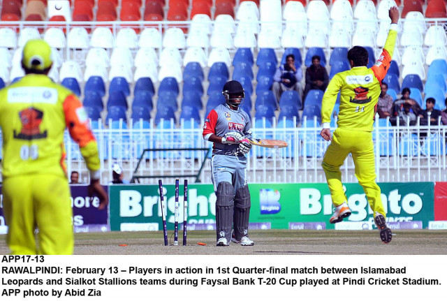 the quarter final match between islamabad leopards and sialkot stallions during their match in faysal bank t 20 in rawalpindi on thursday the quarter final match between islamabad leopards and sialkot stallions during their match in faysal bank t 20 in rawalpindi on thursday