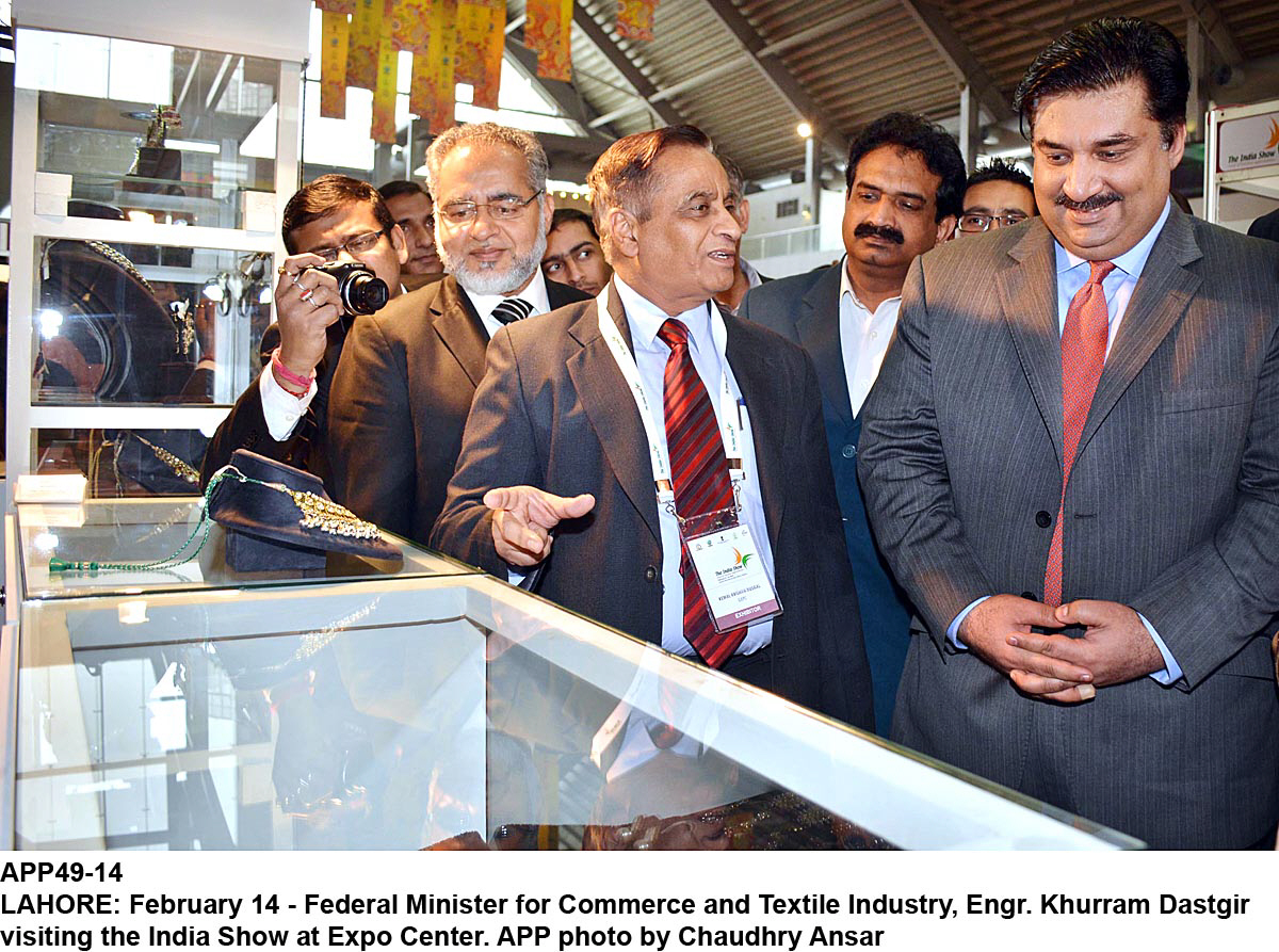 federal minister for commerce and textile industry engr khurram dastagir khan visiting the india show at the lahore expo centre on friday photo app