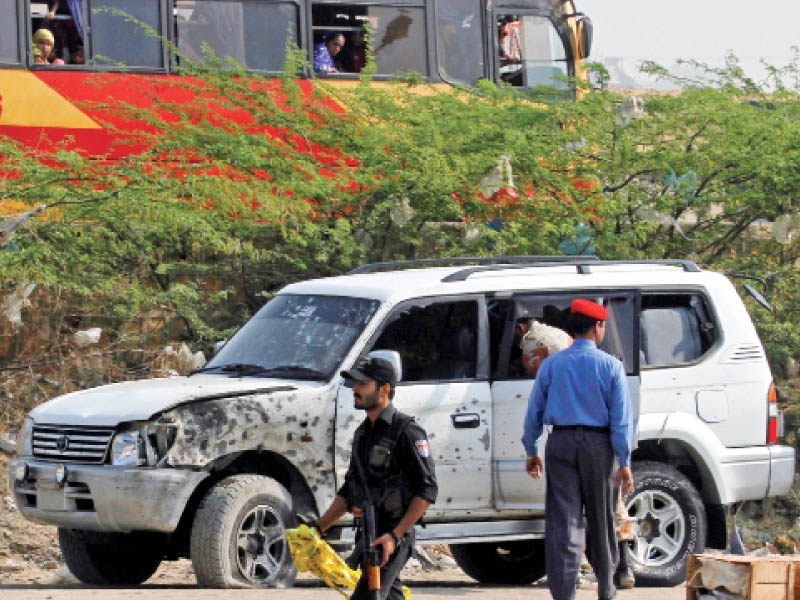 the suicide blast damaged the front and the left window of brigadier basit s car photo athar khan express