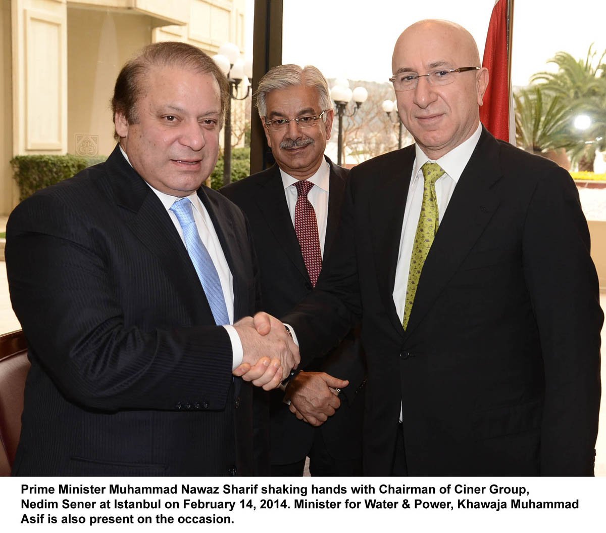 prime minister nawaz sharif greets ciner group chairman nedim sener in istanbul on friday with minister for water and power khawaja asif in attendance photo pid