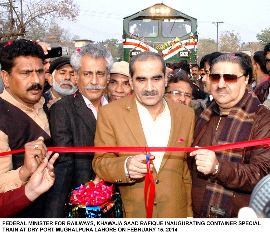 federal minister for railways khawaja saad rafique inaugurates container special train at the dry port in mughalpura lahore on saturday photo pid