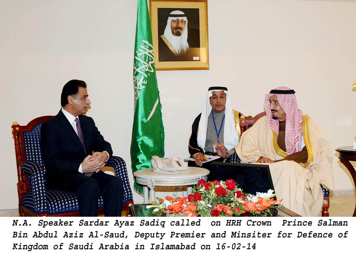 speaker national assembly sardar ayaz sadiq in a meeting with saudi crown prince salman bin abdul aziz al saud in islamabad on february 16 2014 photo pid