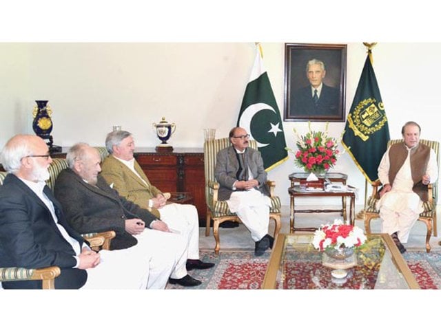 prime minister nawaz sharif in a meeting with government negotiation committee at pm house on fberuary 18 2014 photo pid