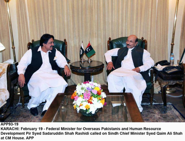 pml f sindh president pir syed sadruddin shah rashidi l in a meeting with sindh chief minister syed qaim ali shah r at cm house in karachi on february 19 2014 photo app pml f sindh president pir syed sadruddin shah rashidi l in a meeting with sindh chief minister syed qaim ali shah r at cm house in karachi on february 19 2014 photo app