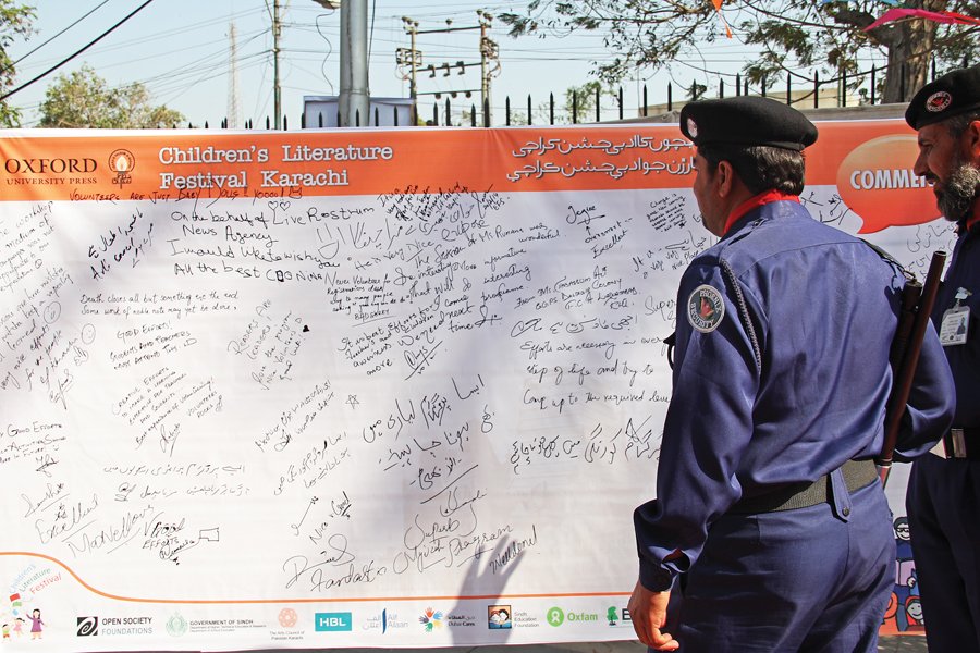 visitors to the tlf on thursday were asked to share their thoughts at this giant white placard at the entrance of the arts council photos ayesha mir express