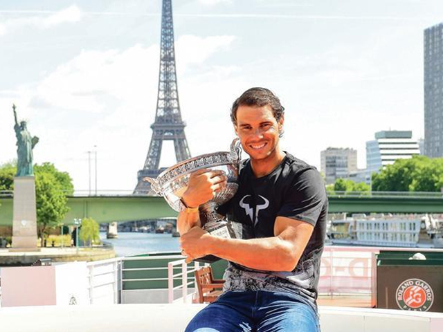 rafael nadal of spain poses during a photocall to celebrate his record breaking 10th french open title at quai de grenelle on june 12 2017 in paris france photo icon sport