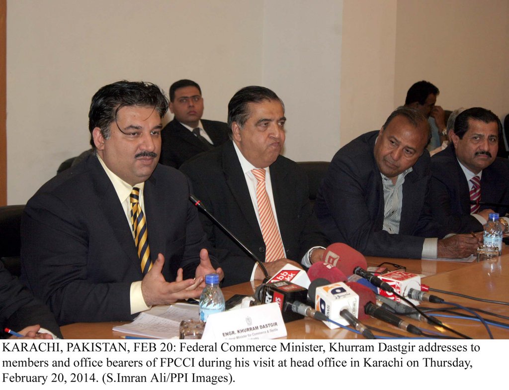 commerce minister khurram dastgir khan l addressing the members of fpcci in karachi on fenruary 20 2014 photo ppi