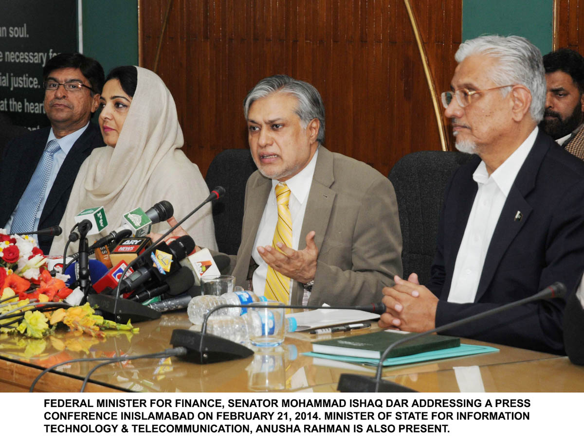 finance minister ishaq dar r and minister of state for it anusha rahman l address a press conference on the spectrum auction in islamabad on friday photo pid