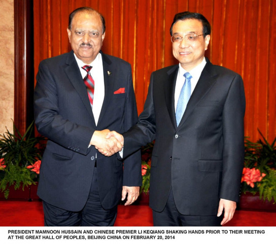 president mamnoon hussain l and chinese premier li keqiang shake hands prior to their meeting at the great hall of peoples in beijing china on fenruary 20 2014 photo pid president mamnoon hussain l and chinese premier li keqiang shake hands prior to their meeting at the great hall of peoples in beijing china on fenruary 20 2014 photo pid