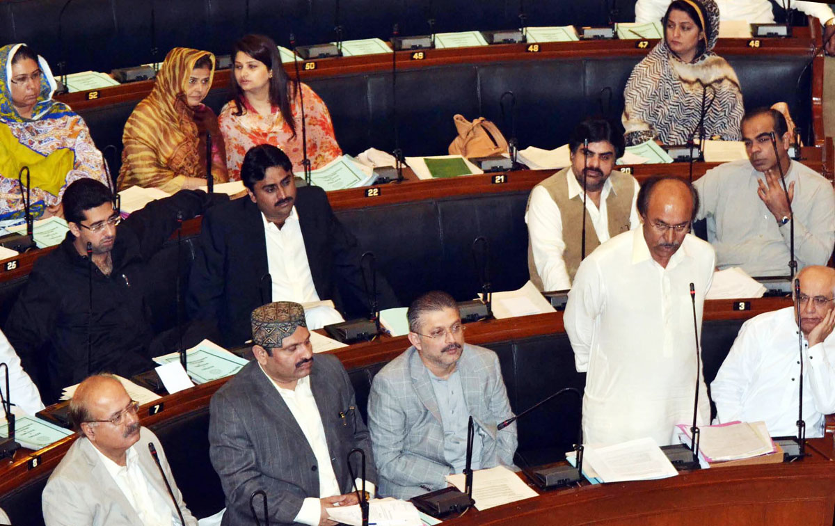 sindh minister for education nisar khuhro addressing the sindh assembly session on friday photo rashid ajmeri express