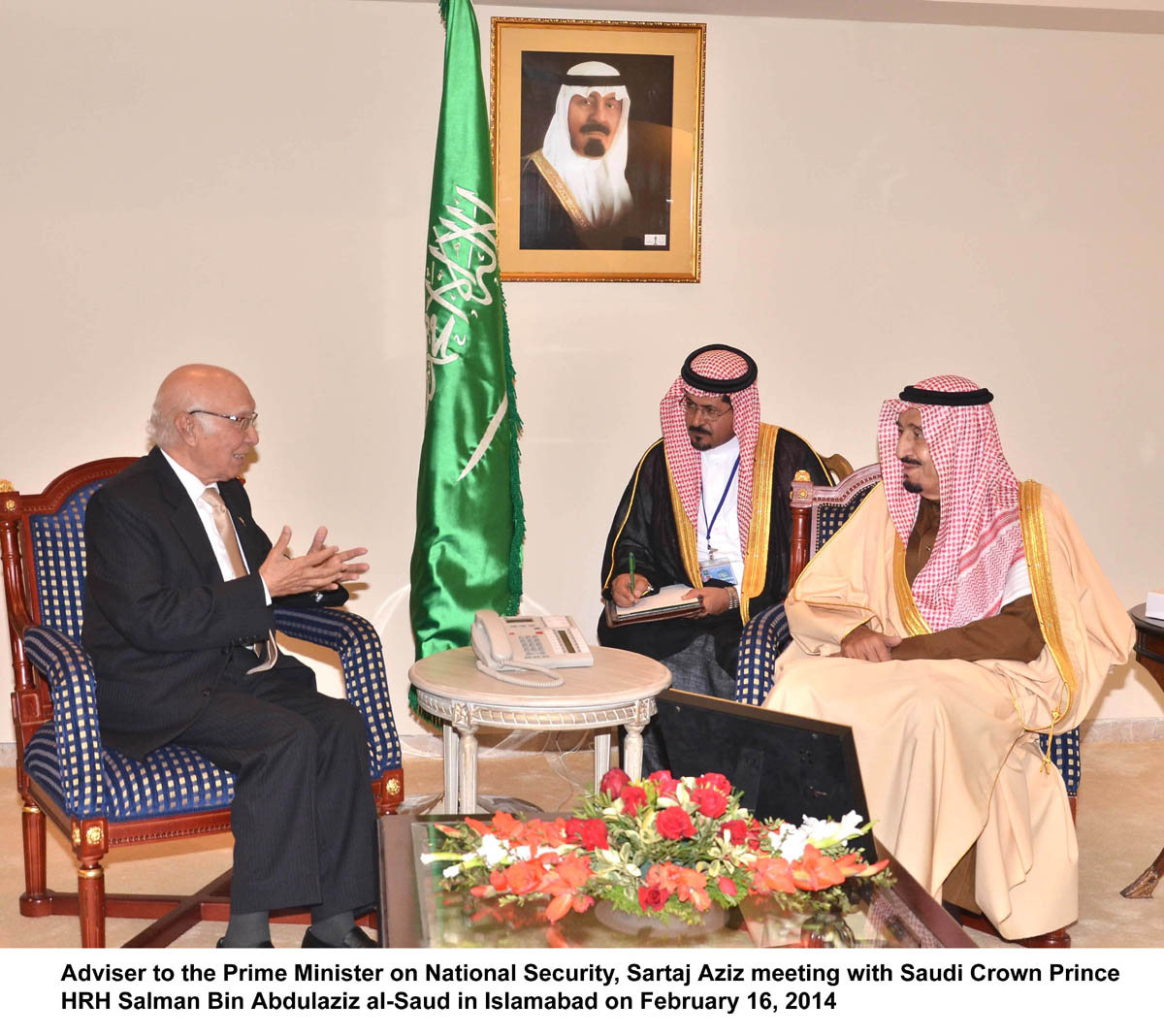 advisor to prime minister on national security and foreign affairs sartaj aziz in a meeting with saudi crown prince salman bin abdulaziz al saud in islamabad on february 16 2014 photo pid