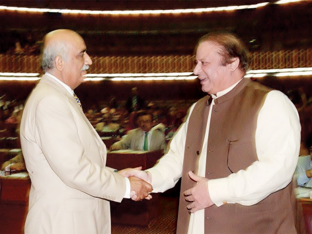 opposition leader khursheed shah greets pm nawaz sharif photo nni opposition leader khursheed shah greets pm nawaz sharif photo nni