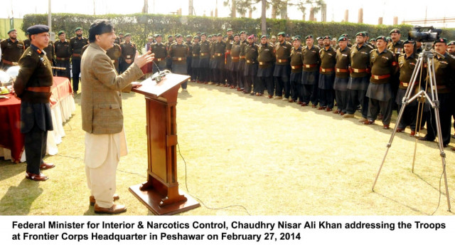 chaudhry nisar ali khan addressing frontier corps troops at their headquarters in peshawar on thursday photo pid
