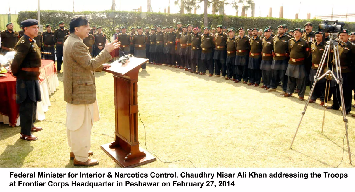 chaudhry nisar ali khan addressing frontier corps troops at their headquarters in peshawar on thursday photo pid chaudhry nisar ali khan addressing frontier corps troops at their headquarters in peshawar on thursday photo pid
