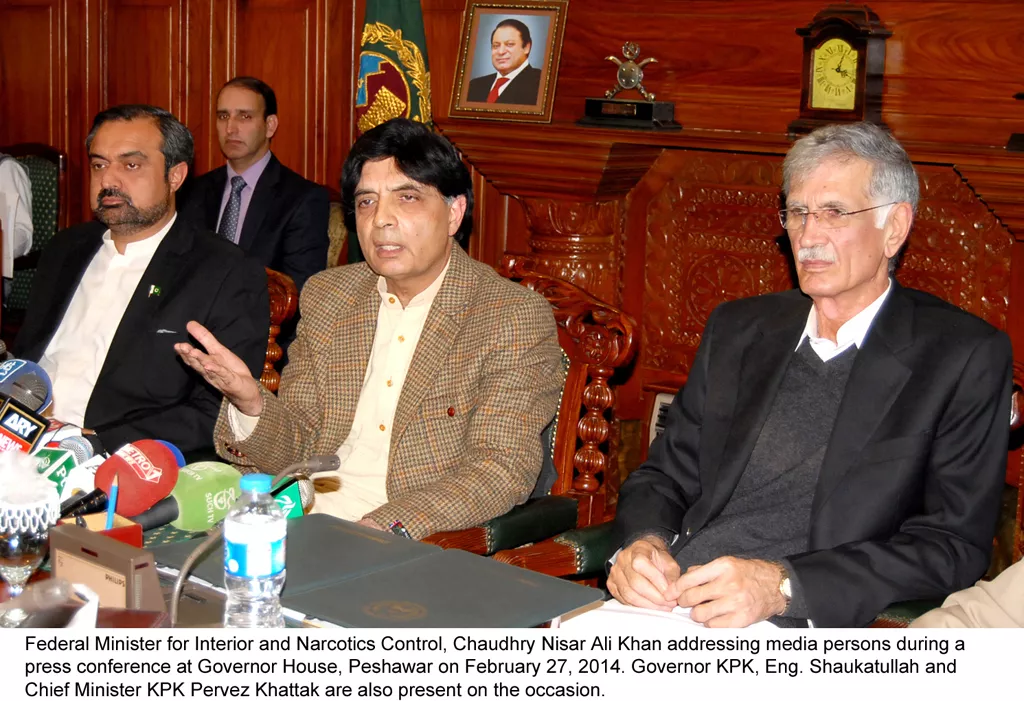 interior minister chaudhry nisar ali khan c addressing a press conference at governor house in peshawar along with cm k p pervez khattak r governor k p shaukatullah l photo pid interior minister chaudhry nisar ali khan c addressing a press conference at governor house in peshawar along with cm k p pervez khattak r governor k p shaukatullah l photo pid