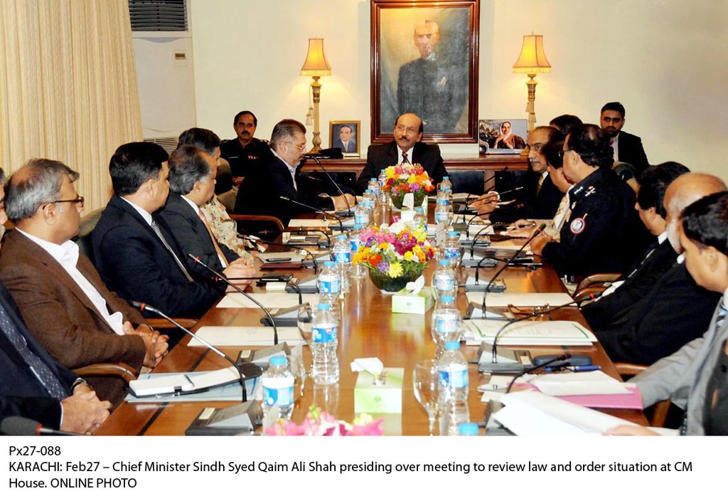 chief minister syed qaim ali shah presiding over a meeting to review law and order situation at cm house in karachi photo online