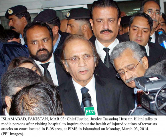 chief justice of pakistan tassaduq hussain jillani talking to after inquiring the health of people injured in the attack on district court in islamabad on monday march 3 2014 photo ppi chief justice of pakistan tassaduq hussain jillani talking to after inquiring the health of people injured in the attack on district court in islamabad on monday march 3 2014 photo ppi