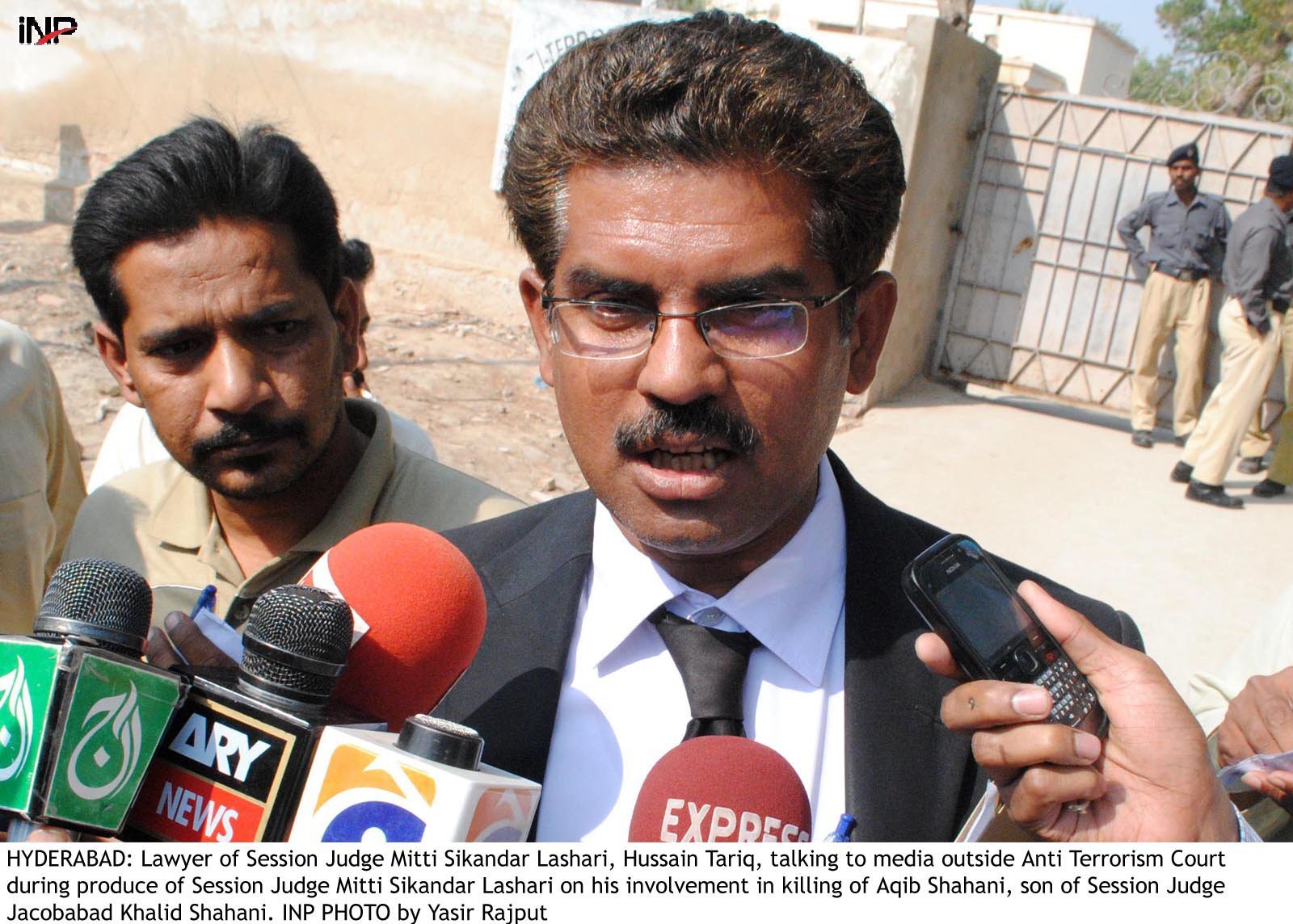 hussain tariq the lawyer for district and sessions judge mitti sikandar lashari speaks to media outside the anti terrorism court in hyderabad on wednesday photo inp