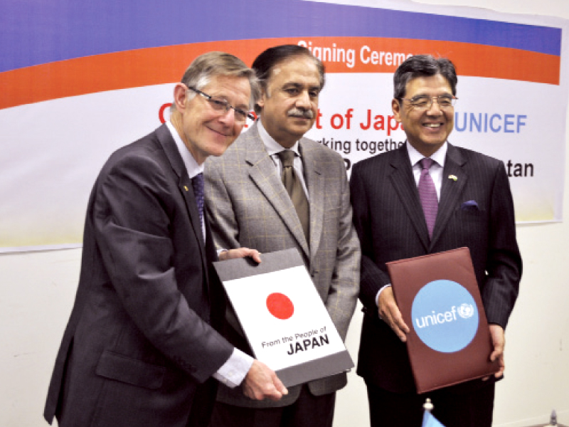 unicef representative dan rohrmann and japanese ambassador hiroshi inomata at the grant signing ceremony photo express