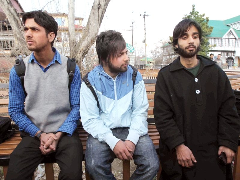 three suspended kashmiri students address the media in srinagar photo afp