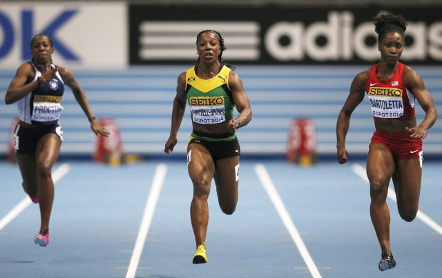 ltor anguilla 039 s shinelle proctor jamaica 039 s veronica campbell brown and us tianna bartoletta compete in the women 60 m heat 4 during the iaaf world indoor athletics championships in the ergo arena at the polish coastal town of sopot on march 8 2014 photo afp ltor anguilla 039 s shinelle proctor jamaica 039 s veronica campbell brown and us tianna bartoletta compete in the women 60 m heat 4 during the iaaf world indoor athletics championships in the ergo arena at the polish coastal town of sopot on march 8 2014 photo afp