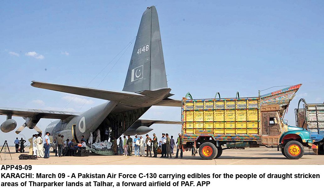 a paf c 130 aircraft carrying edibles for drought stricken people of tharparkar arrives at talhar airfield photo app