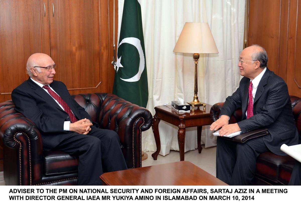 prime ministers advisor on national security and foreign affairs sartaj aziz in a meeting with iaea director general yukiya amino in islamabad photo pid