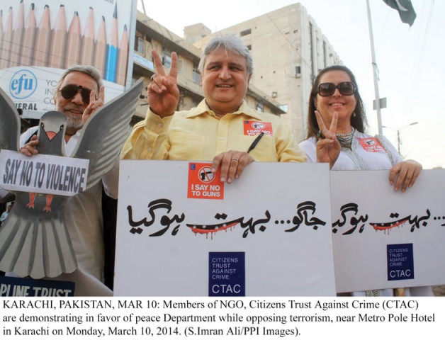 the citizens trust against crime held a protest at the metropole hotel to demand promotion of peace in the city urging all civilians to voice their concerns over the law and order situation in karachi photo ppi the citizens trust against crime held a protest at the metropole hotel to demand promotion of peace in the city urging all civilians to voice their concerns over the law and order situation in karachi photo ppi