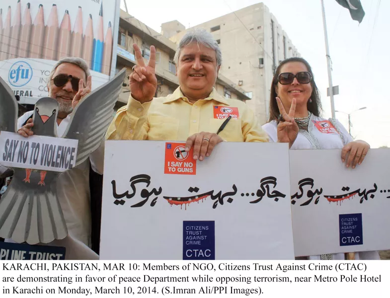 the citizens trust against crime held a protest at the metropole hotel to demand promotion of peace in the city urging all civilians to voice their concerns over the law and order situation in karachi photo ppi the citizens trust against crime held a protest at the metropole hotel to demand promotion of peace in the city urging all civilians to voice their concerns over the law and order situation in karachi photo ppi