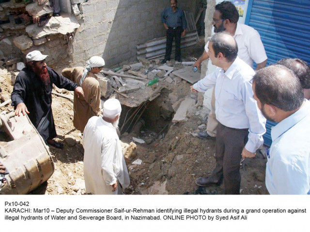 kwsb and city government officials conduct an operation against illegal hydrants on monday while the water board managed to close down most of the illegal hydrants in districts east west and malir some of them have become operational again and residents now face the same problem of water scarcity photos online