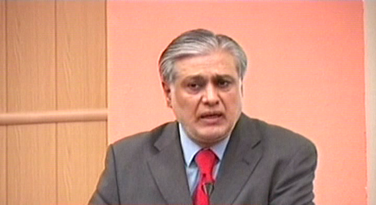 express news screengrab of finance minister ishaq dar speaking with a gathering of income tax commissioners on thursday