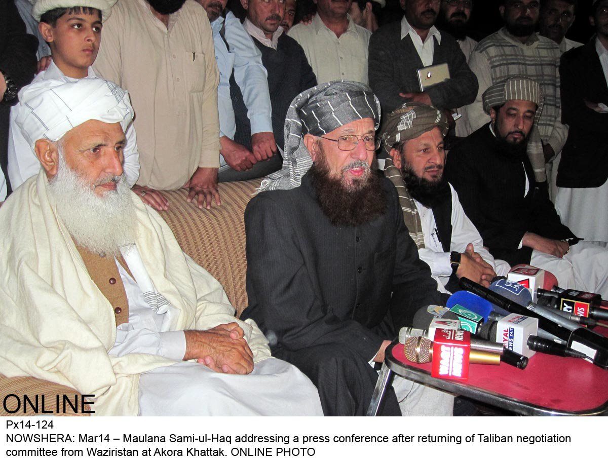 l r prof ibrahim maulana samiul haq maulana yousuf shah addressing a press conference in akora khattak on friday photo online