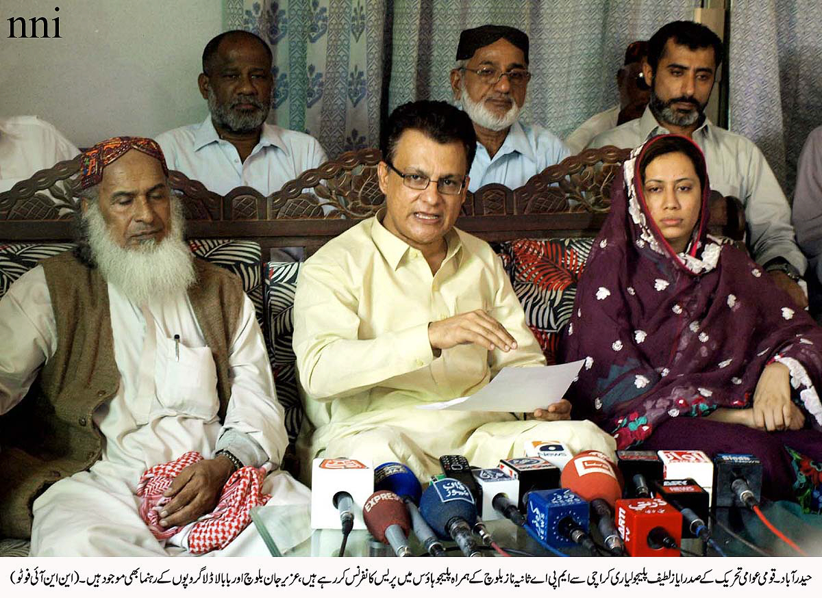 awami tehreek chief ayaz latif palijo addresses the media after brokering peace between lyari 039 s gangs flanked by mpa sania naz photo nni