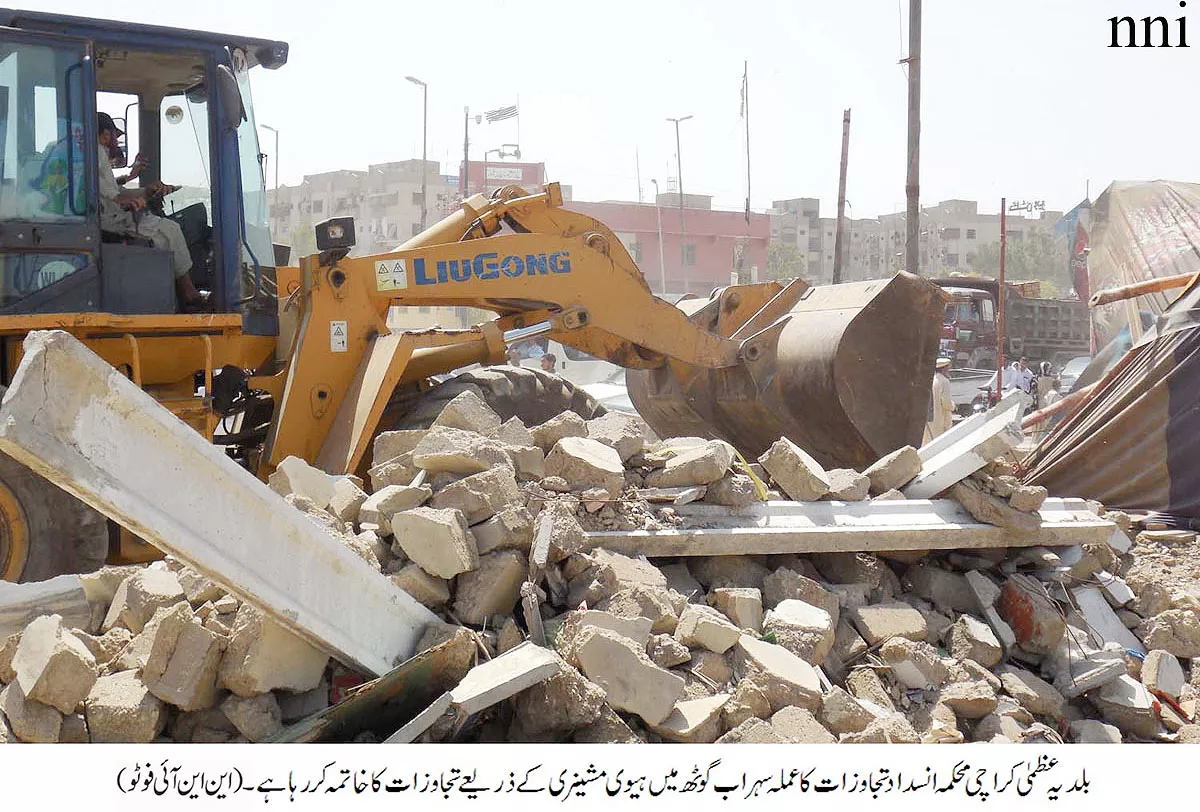 a bulldozer demolishes encroachments in sohrab goth on march 15 photo nni file a bulldozer demolishes encroachments in sohrab goth on march 15 photo nni file