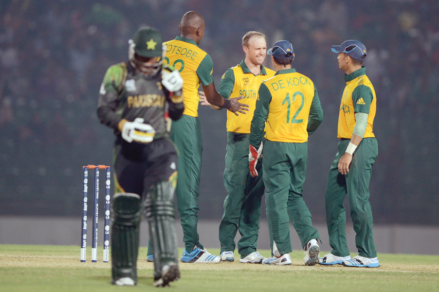 bilawal bhatti takes a long walk back to the pavilion as south africa demolish pakistan s batting line up for just 71 in their second warm up match of the world twenty20 photo afp