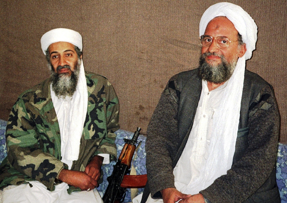 osama bin laden l sits with his adviser and purported successor ayman al zawahri an egyptian linked to the al qaeda network during an interview in a file image supplied on november 10 2001 photo reuters