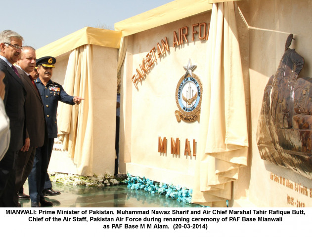 prime minister nawaz sharif and air chief marshal tahir rafique butt chief of air staff paf during the renaming ceremony of paf base mianwali to paf base mm alam photo paf prime minister nawaz sharif and air chief marshal tahir rafique butt chief of air staff paf during the renaming ceremony of paf base mianwali to paf base mm alam photo paf