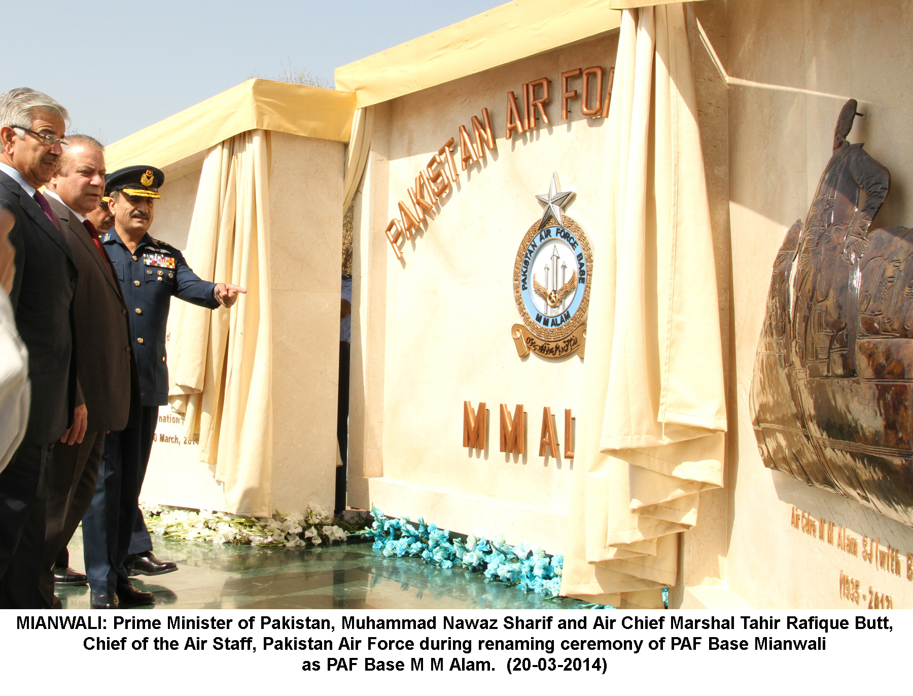 prime minister nawaz sharif and air chief marshal tahir rafique butt chief of air staff paf during the renaming ceremony of paf base mianwali to paf base mm alam photo paf