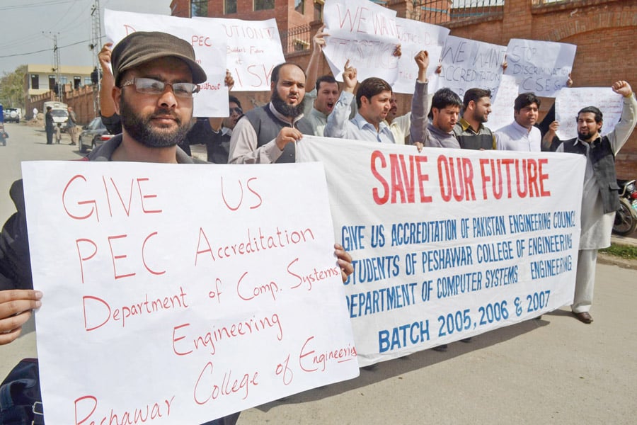 students gathered outside the peshawar press club and shouted slogans against the administration of pce and pakistan engineering council photo muhammad iqbal express