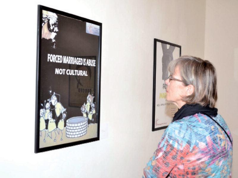 a visitor looking at a poster on display at pnca photo muhammad javaid express