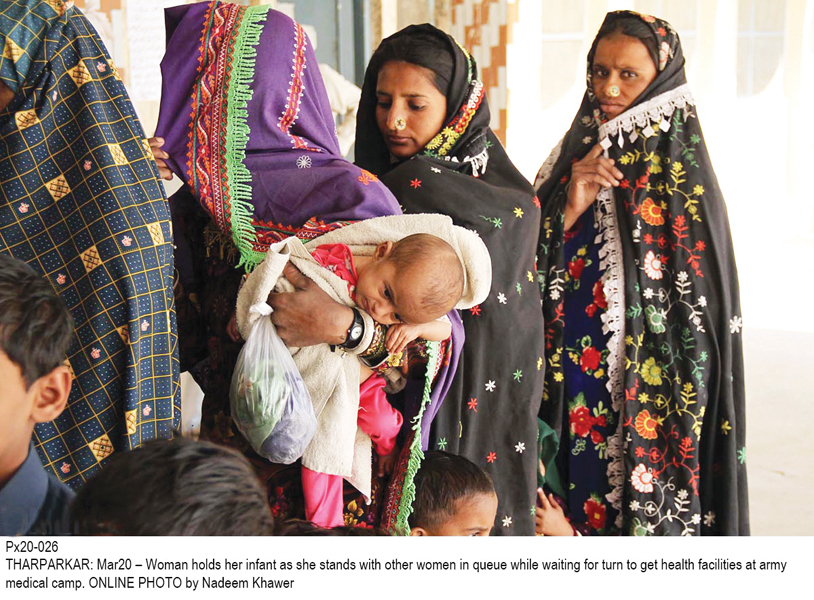 women and children queue up outside the army medical camp in thar doctors unwilling to serve in thar and its adjoining areas is proving to be one of the biggest challenges faced by the health department the sc was told on thursday photo online