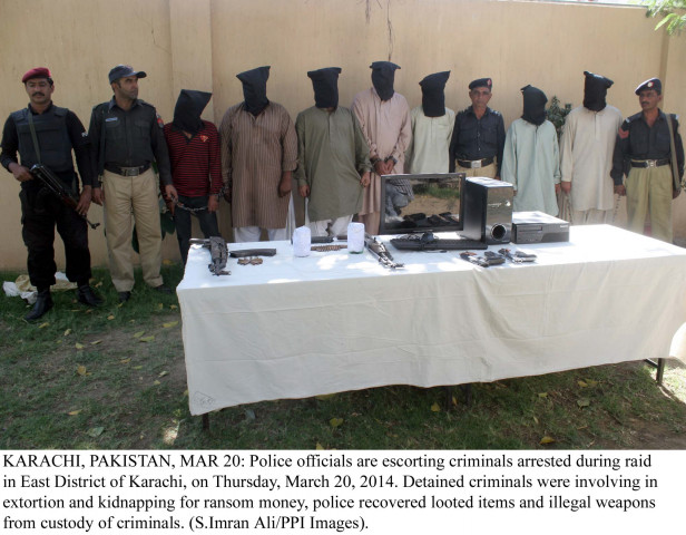 police officials parade the arrested suspects and equipment recovered from them photo ppi police officials parade the arrested suspects and equipment recovered from them photo ppi