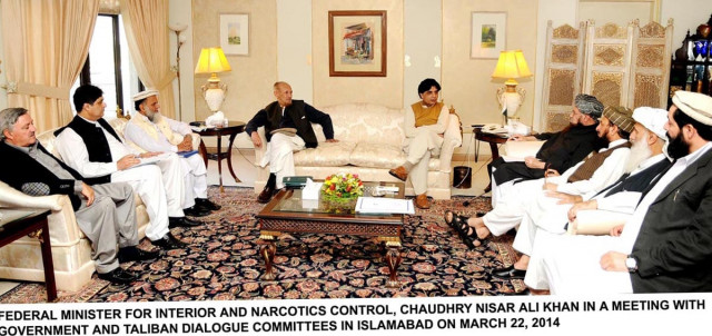 interior minister chaudhry nisar ali khan discussing the possible venue of the talks with the taliban negotiation committee on saturday photo pid interior minister chaudhry nisar ali khan discussing the possible venue of the talks with the taliban negotiation committee on saturday photo pid